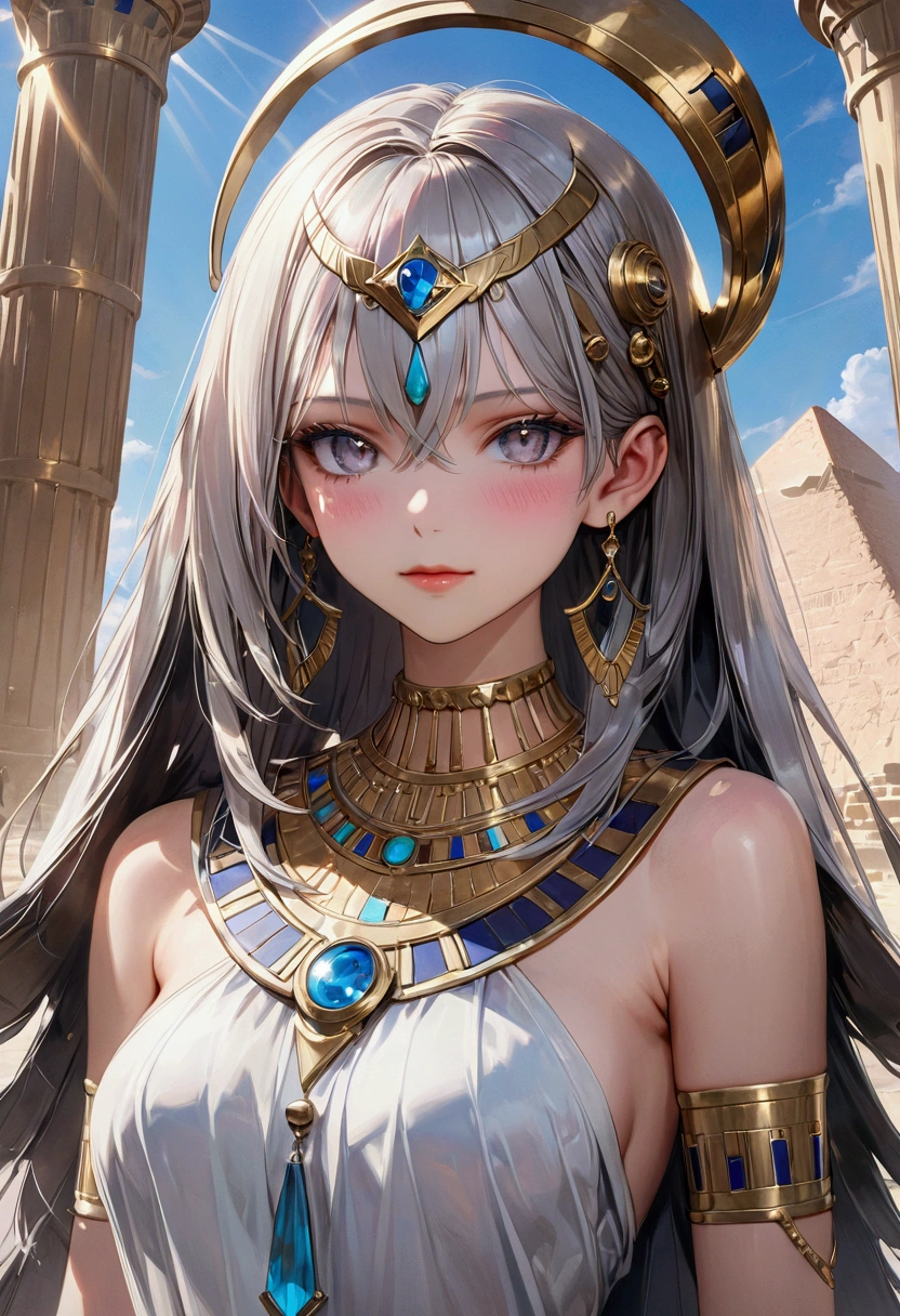 (best quality, high-res, 8k, ultra-detailed, masterpiece:1.2),beautiful detailed eyes, beautifully detailed lips, extremely detailed face, long eyelashes, 1girl, mysterious, solo, traditional ancient Egyptian clothes, jewelry, sexy, attractive, lovely, Egyptian style, historical setting, warm lighting,colorful, mysticism
