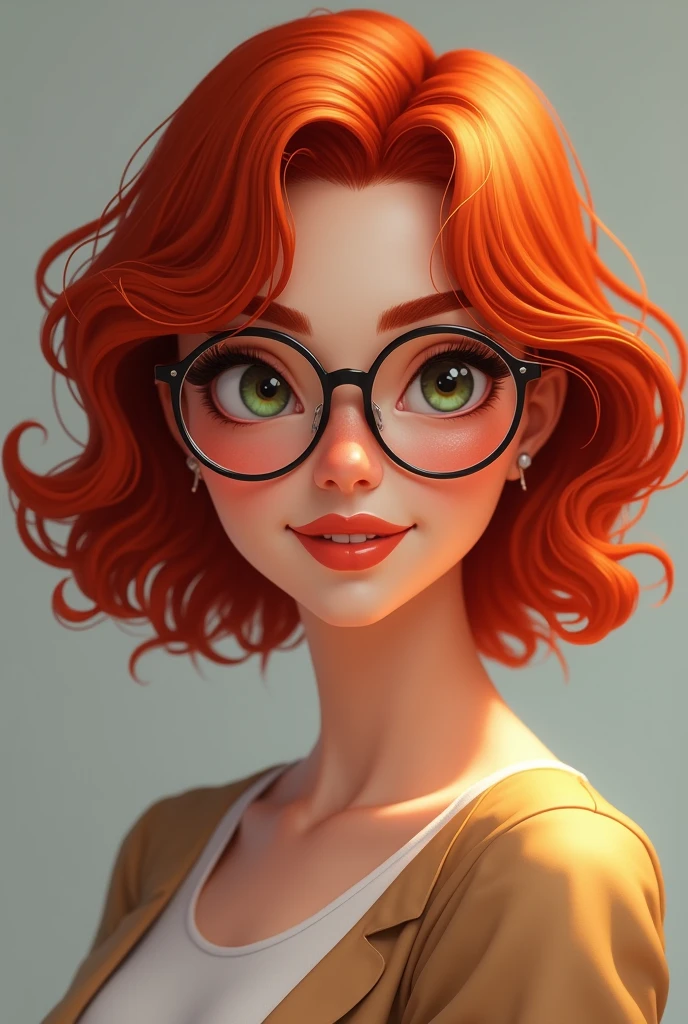 Red curly hair, medium length hair, woman, round bottom glasses, animated, smile, blue eyes, small neck, round face, High Resolution, pretty dress, adult