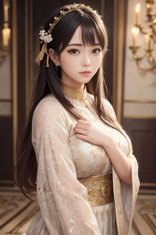 ((anime, UHD, masterpiece, accurate, anatomically correct, textured skin, super detail, high details, award winning, best quality, 8k)), Elegant and ethereal scene featuring a woman with intricate hair adorned with flowers and accessories. She is dressed in flowing, pastel-colored garments with ribbons, standing gracefully with a serene composure. The background displays a stylized, crescent moon and textured patterns, evoking a traditional, artistic ambiance. The soft, natural lighting enhances the tranquil and regal atmosphere of the image.