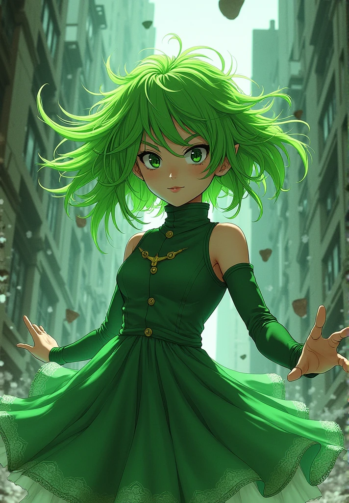 a young boy with green curly hair, beautiful detailed eyes, beautiful detailed lips, extremely detailed face, longeyelashes, wearing a green hero costume, heroic pose, dynamic action, detailed anime style, vivid colors, dramatic lighting, cinematic composition, (best quality,4k,8k,highres,masterpiece:1.2),ultra-detailed,(realistic,photorealistic,photo-realistic:1.37)
