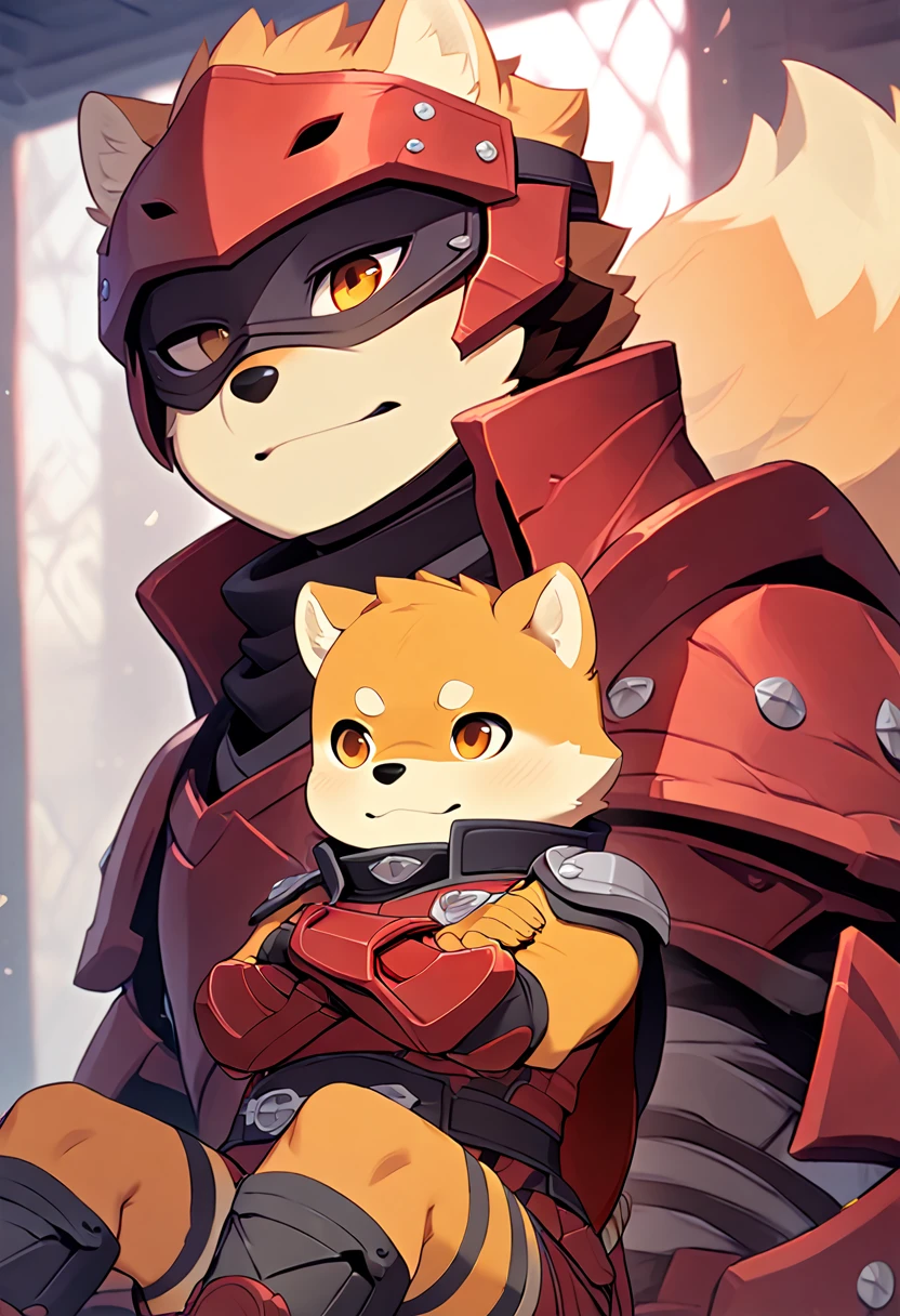 male，furry，Little Hero，young，Tights，Eye mask，Shiba Inu，蓝灰色Eye mask，Red armor