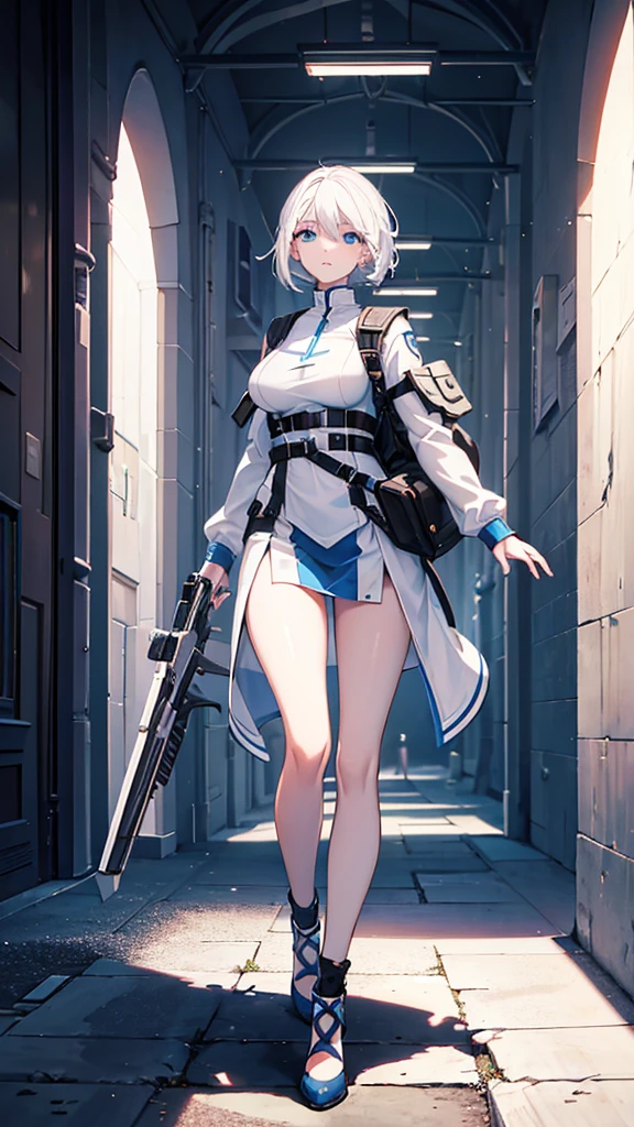 1 beautiful blue-eyed girl, Realistic anime girl, short shiny hair, ((White tight-fitting latex space suit without seams)), White gloves,White boots, ((walking towards the viewer along the lunar path))front view, Beautiful round face, Foreground, whole body, moon, Moonlight, Moonlit Path 