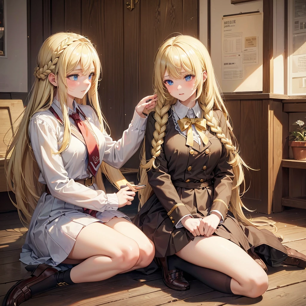 (masterpiece:1.6, best quality), (finely detailed beautiful eyes: 1.2), phyami, yamisch, 1girl, long hair, solo, school uniform, hair ornament, hair between eyes, two side up, blonde hair, very long hair, skirt, red eyes, thigh strap, sweater vest, plaid skirt, plaid, socks, two side up, hair ornament, pleated skirt, kneehighs
,