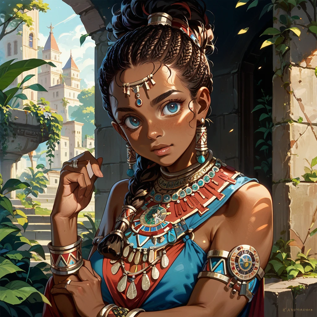 ((Highest quality)), ((masterpiece)), (detailed), （Perfect Face）、The woman is Bianca, an African tribeswoman, with dark skin, an African hairstyle, and is dressed in tribal clothing and gorgeous tribal accessories, and is wearing an engagement ring.