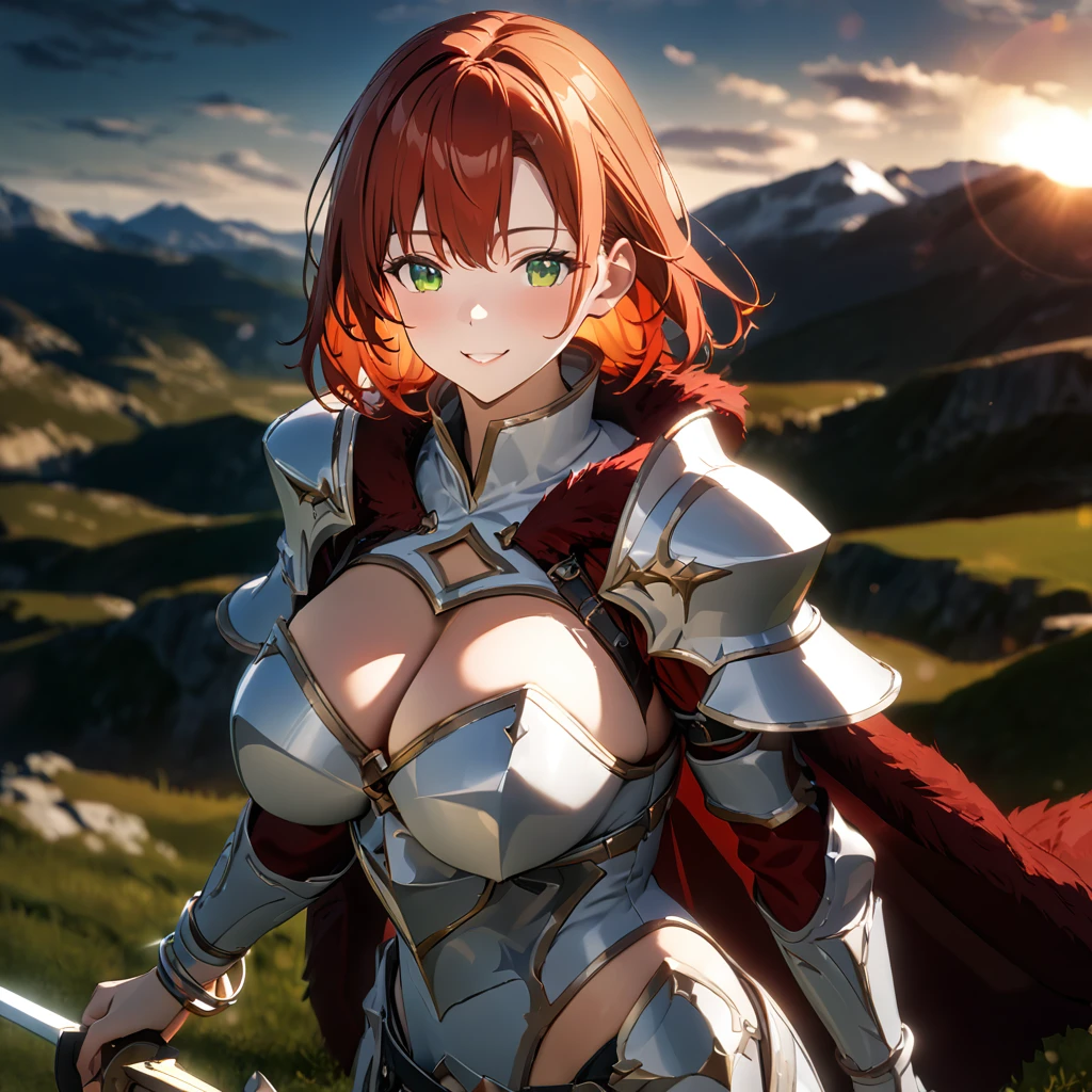 a woman wearing white heavy armor, with gold details, white metal bracelet, white metal bolts, holding a medieval sword, red fur cape, reddish orange hair, green eyes, smiling, big breasts, walking in a wide lawn with mountains background with a view of the sun and sky with some clouds..UHD, masterpiece, accurate, anatomically correct, textured skin, super detail, high quality, best quality, 8k, high resolution, bokeh effect.(solo woman)
