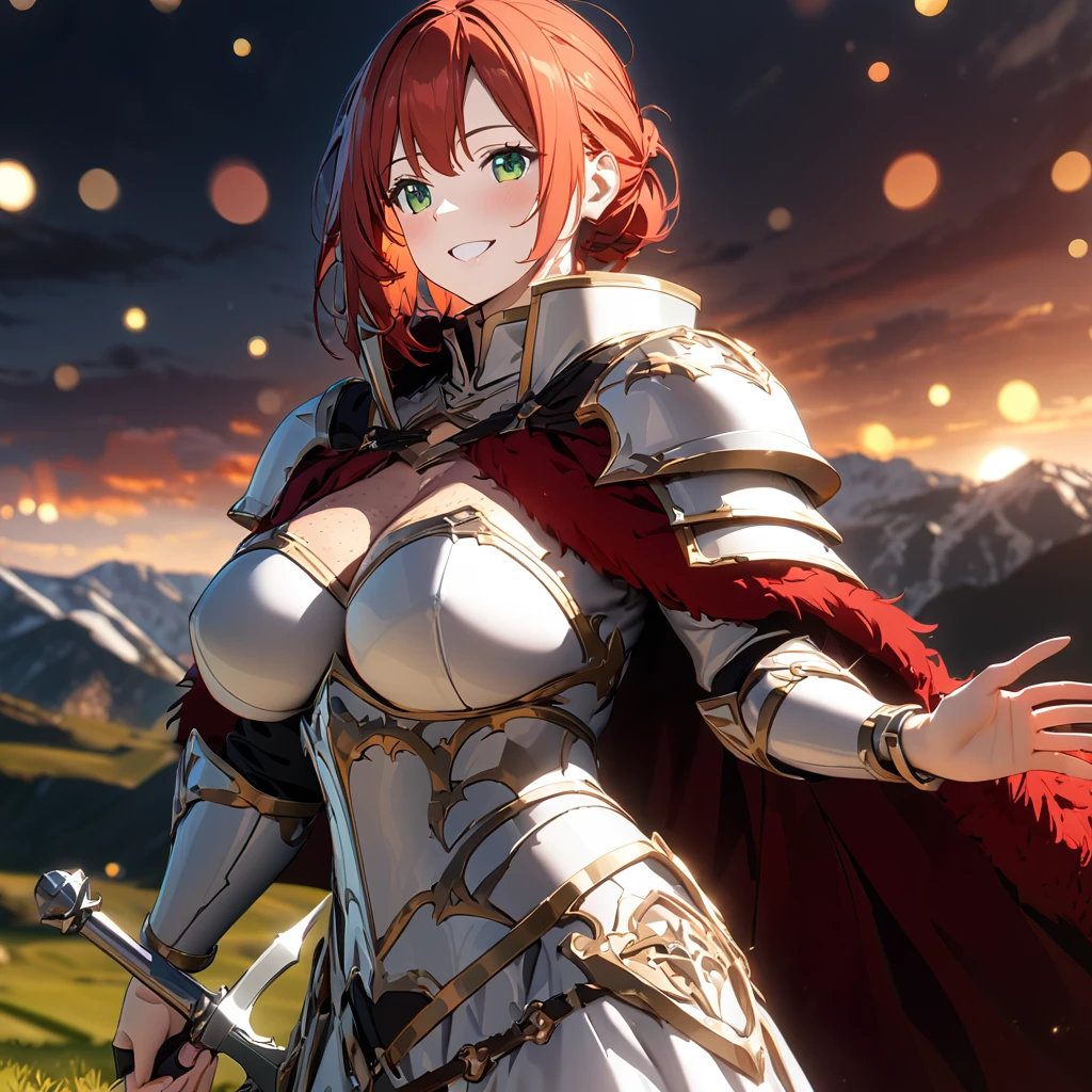 a woman wearing white heavy armor, with gold details, white metal bracelet, white metal bolts, holding a medieval sword, red fur cape, reddish orange hair, green eyes, smiling, big breasts, walking in a wide lawn with mountains background with a view of the sun and sky with some clouds..UHD, masterpiece, accurate, anatomically correct, textured skin, super detail, high quality, best quality, 8k, high resolution, bokeh effect.(solo woman)
