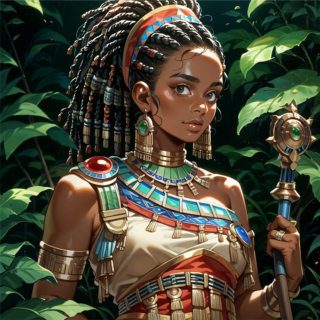 ((Highest quality)), ((masterpiece)), (detailed), （Perfect Face）、The woman is Flora, an African tribesman, with dark skin, an African hairstyle, and is dressed in tribal clothing and gorgeous tribal accessories, and is wearing an engagement ring.