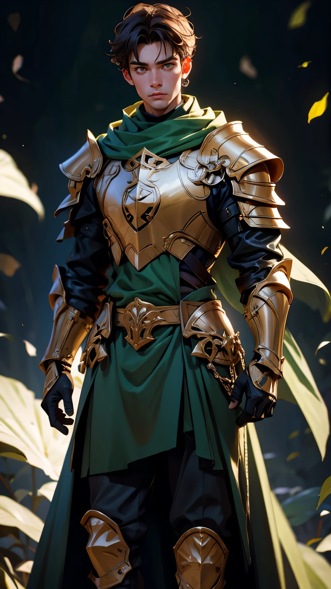 envision a 8k, highres, cinematic, detailed, semi realistic pinup of a cute man, with a slender face, big eyes, a slender body, and shaggy short brown hair, green eyes, black gauntlets, shoulder cape, noble, knight armor, (((1boy))), in dark lighting, against a dark background