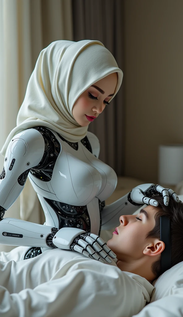 female robot wearing hijab, big breasts, white body, robot arm, playing with boy on the bed and wearing glove latex
