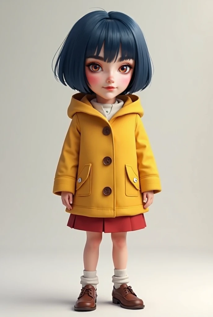 full people,realistic style, 4k, best quality, she, child 10 , blue eyes, rectangular face type, triangle body type, wearing yellow coat with hood backwards and a red skirt above the knee, wearing brown leather women's shoes, dark blue hair with straight bangs and short haircut, realistic, 4k, best quality
