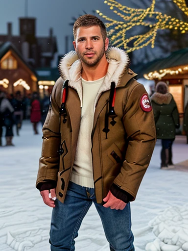 full body, ((clothed, 2, college hunk, handsome face, cute short brown hair, scruffy stubble, realistic eyes, Canada Goose Langford parka, fur hood, hoodie)), in outdoor christmas market, fairy lights, snowing, detailed background, hi-res, 8k, (Masterpiece, high quality:1.3), high fashion, fashion photography, cinematic lighting, Canada Goose