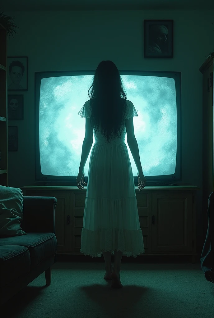 Night room, dark room, completely darkened room, tv on, dusky, grainy, eerie environment. creepypasta is a scary entity in the form of a woman with very big eyes, a very sad sad look, perfect eyes, the best quality. gritty urban street art, dark character. in the style of frank frazetta, aykut aydogdu, pino daeni, charlie bowett, albert joseph penaud, ray caesar, tetsuya ishida. zdzislaw beksinski.