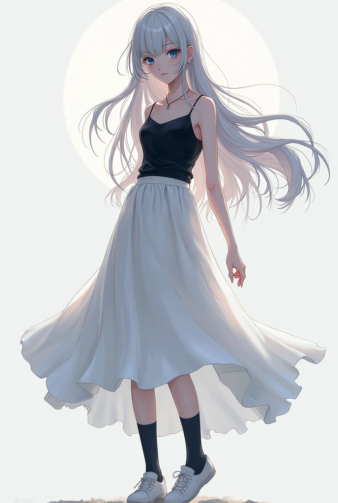 Girl, detailed, blue eyes, silver hair, long hair, left-side bangs, black tank top, white skirt, black socks white shoes.