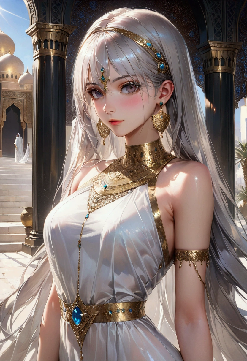 NSFW,masterpiece,Highest quality,High resolution,Very detailed,Girl,Silver Hair,long hair,Golden Eyes,Small breasts,Short height,goddess,A dazzling silk long dress,Arabia,gem,Decoration,Temple of the Night,altar,Your sleeping quarters,Starry Sky,Ancient,Seduce,Sexy pose