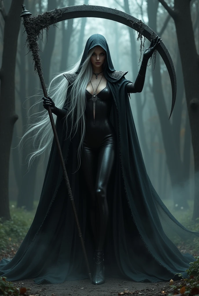 a female grimm reaper warrior, dark hooded robe, scythe weapon, gothic fantasy, intricate details, dark moody lighting, dramatic pose, intense glowing eyes, detailed facial features, long flowing hair, dark shadowy background, photorealistic, 8k, highly detailed, cinematic, dramatic lighting, dramatic atmosphere, striking pose