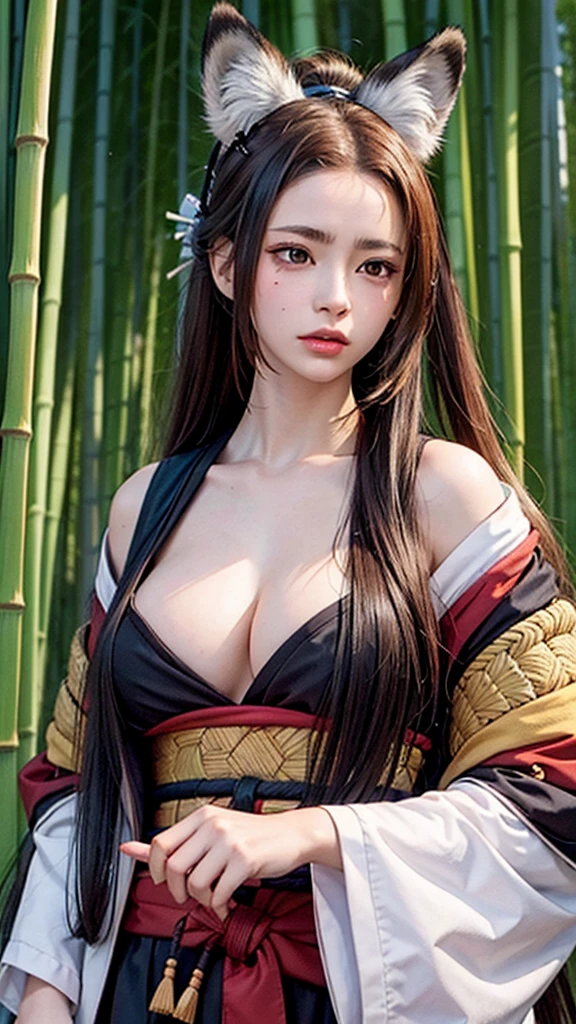 1 woman, high resolution, masterpiece, Best quality, Best quality, Long hair, High Ponytail, Wearing a fox mask on the side of the head, Samurai Kimono，Samurai sword，bamboo forest，Big breasts，Prepare for war