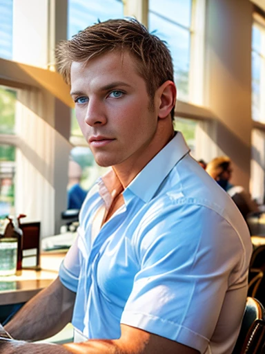 1 man, solo focus, male focus, short hair, gradient brown hair, light purple blue eyes, handsome, toned, pectorals, volumetric lighting, dynamic pose, dynamic view, dramatic lighting, cafe store, indoors, glass windows, bartender, white shirt, black pants, sitting, curtains, arms on table, close up, blurry foreground