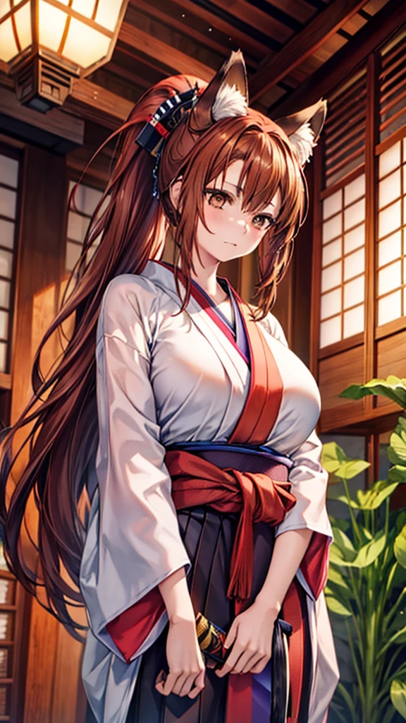 She has long, flowing auburn hair tied into a high ponytail with loose strands framing her face, emerald green eyes that sparkle with determination, wearing a simple yet elegant white kimono with light blue accents, a wide obi belt, and practical knee-high brown leather boots, complemented by fingerless gloves and a small satchel slung across her shoulder.