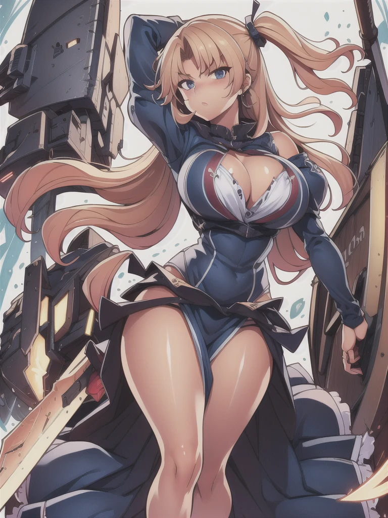 masterpiece,best quality,kim_kwang_hyun, 1girl ,u47\(azur lane\), Blondie hair,plumpy, solo, Blondie hair, shiny hair, large huge breasts, looking at viewer, blue eyes, Blondie hair, big boson, large huge breasts, long sleeves, dress, cleavage, closed mouth, weapon (( sword )), puffy sleeves, arm up, clothing cutout, copyright name, blue dress, cleavage cutout, juliet sleeves , power armor, shoulder armor, Blondie hair, blue eyes, Serious 