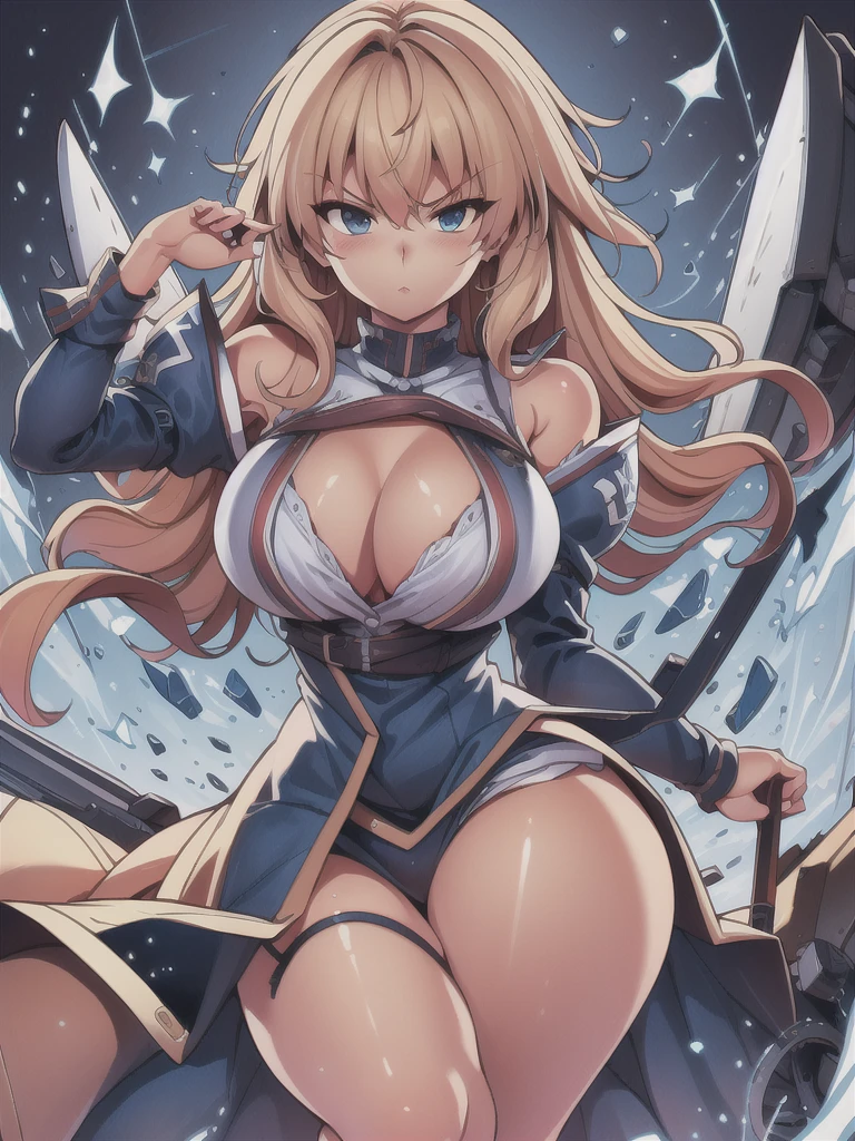 masterpiece,best quality,kim_kwang_hyun, 1girl ,u47\(azur lane\), Blondie hair,plumpy, solo, Blondie hair, shiny hair, large huge breasts, looking at viewer, blue eyes, Blondie hair, big boson, large huge breasts, long sleeves, dress, cleavage, closed mouth, weapon (( sword )), puffy sleeves, arm up, clothing cutout, copyright name, blue dress, cleavage cutout, juliet sleeves , power armor, shoulder armor, Blondie hair, blue eyes, Serious 