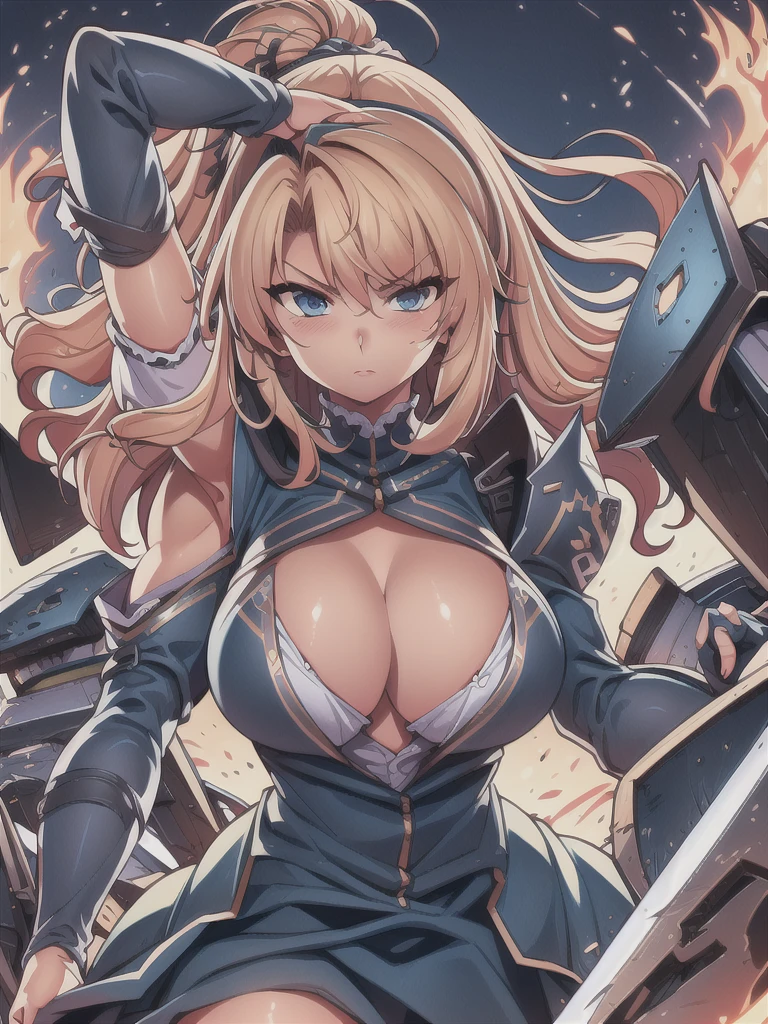 masterpiece,best quality,kim_kwang_hyun, 1girl ,u47\(azur lane\), Blondie hair,plumpy, solo, Blondie hair, shiny hair, large huge breasts, looking at viewer, blue eyes, Blondie hair, big boson, large huge breasts, long sleeves, dress, cleavage, closed mouth, weapon (( sword )), puffy sleeves, arm up, clothing cutout, copyright name, blue dress, cleavage cutout, juliet sleeves , power armor, shoulder armor, Blondie hair, blue eyes, Serious 