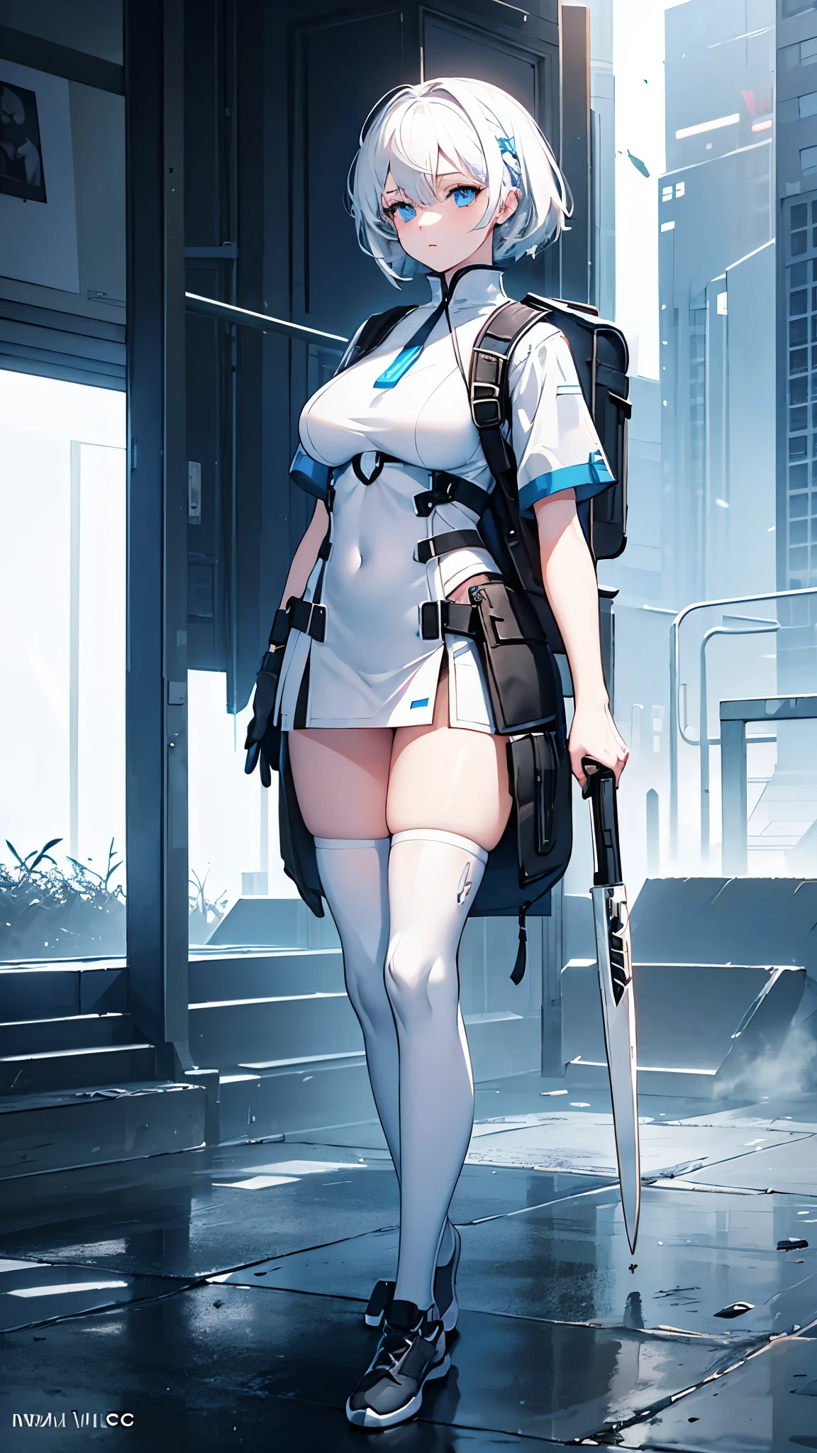 Mini Ghost in the Shell, (Ghost in the Shell), solo, ray tracing, Estilo 3D, 3DMM, ((oses por foto)), ((oses em cada foto)), corpo inteiro,(Front view),(Emisão Costas), (Emist on the left), mostrar barriga lisa, (((oses por foto))),(seios muito grandearriga perfeita, olhos perfeitos e simetricos, (perfect handuturistic sword in hand)), ((cabelos curto)),((Roupas de bruxo abertas)),roupa branca com bordas texturizadas, pele clara, luemas detalhadas, White thigh-high tights with trim, emestido aberto em "em", cintura fina, pernas grande, low water, Show legs to the top of the waist, (tecido partido caindo sobre as pernas),((top aberto)),pele ultra realista, olhos realistas humano,pele ultra realista,((blusa listrada)),traje super sensual,(faixas em torno dos seios), colorida,top com babados,(pubis com muito volume),(extremamente sensual),(very sensual),(((very detailed high level lighting))),(((raytracing))),(((caustic effect))),(((porta equipamentos em uma das pernas))),(((futuristic gun in one hand))),(((porta arma em uma das pernas)))