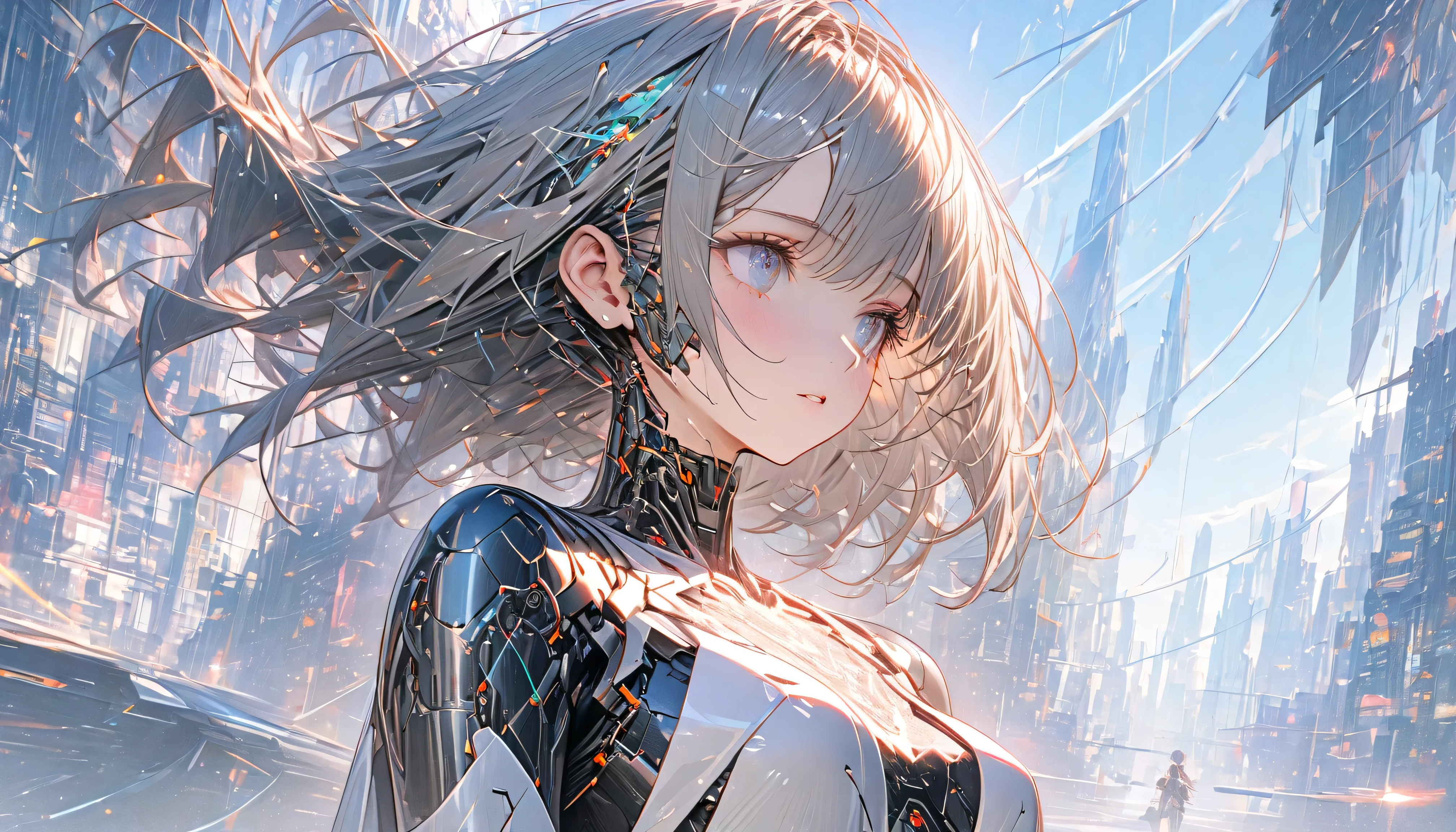 A beautiful futuristic cyborg girl with neural network hair, parted lips, Futurism, Ultra-high resolution, Super Detail, Highest quality, 8k , ,Dynamic Angle, Morning sunshine