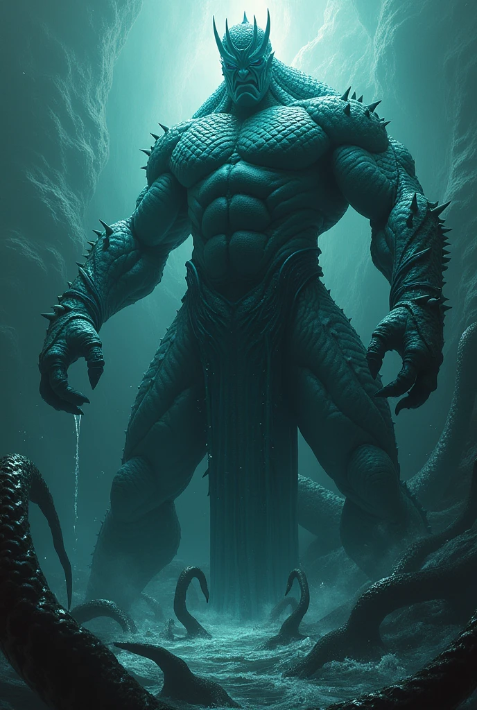 (best quality,4k,ultra-detalhado,Realistic),leviathan,profundezas ocultas,Sinister presence,prehistoric creature,monstrous jaws,Escalas cintilantes,serpente do inferno gigante,mythical beast,massive body,cauda poderosa,criatura misteriosa,Abismo escuro,olhos ferozes,underwater kingdom,criatura majestosa,predador perigoso,mitologia e lendas,monstro antigo,beleza sinistra,Magnificent infernal creature, enorme criatura marinha,unimaginable proportions,powerful hunter,entidade sobrenatural,silencioso e mortal,predador selvagem,Deep relentless,Criaturas desconhecidas das profundezas,Dimensions beyond human comprehension,terrible and magnificent,misterioso e inspirador,be legendary,Segredos do inferno ,aterrorizante e fascinante,profundezas inexploradas,majestoso e aterrorizante,poder desencadeado da natureza,Invisible horrors of the ocean,Ancient Guardian of the Deep