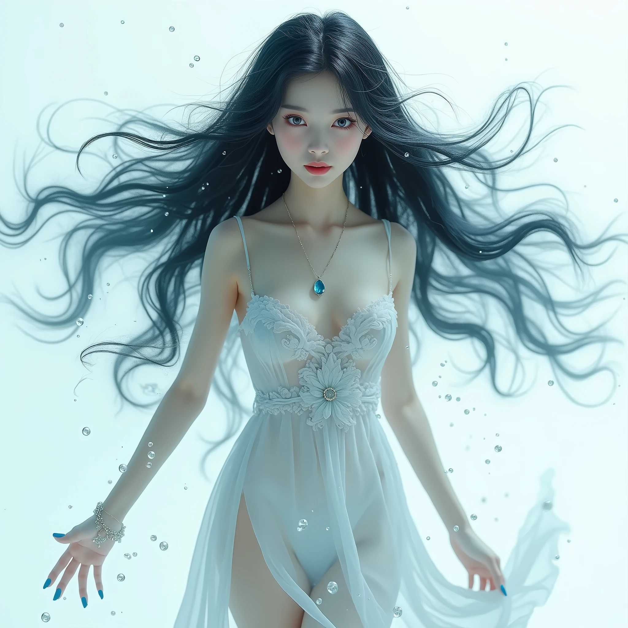 Masterpiece, highest quality, high resolution, underwater, solo, small breasts, wearing a see-through blouse, showcasing protruding nipples, Asian girl, ethereal, photo-realistic angelic face, ((long flowing hair:1.2)), ((glowing underwater:1.3)), ((pearlescent skin:1.4)), ((graceful pose:1.2)), ((serene expression:1.3)), ((translucent blouse:1.3)), ((revealing silhouette:1.2)), ((subtle water droplets:1.4)), ((captivating eyes:1.2)), ((soft lighting:1.3))