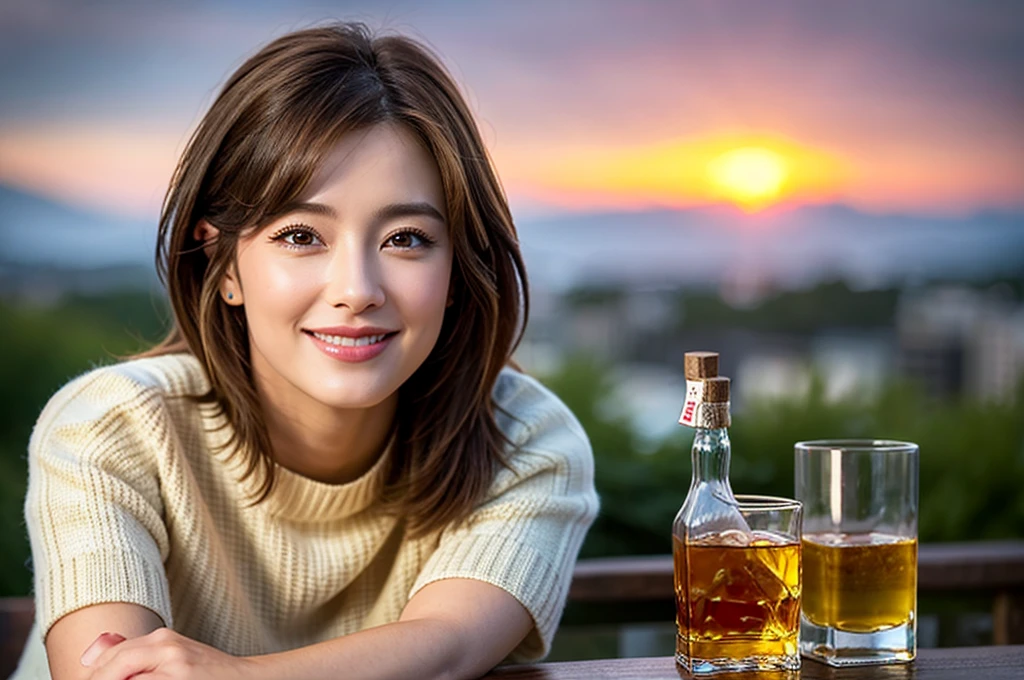 (Realistic, 超Realistic:1.4), 16k hdr, High resolution,Brown short hair,Happy Smile、The best smile、Lovers、Model Couple、Japanese actress,Super Beauty(Like the real thing),Short sleeve dress,Whiskey bottles、The Macallan、Johnnie Walker、、Old Parr、whiskey、Suntory、Nikka、Slim Couple、(Realistic, Intricate details:1.2), Whiskey bottle and glass on the table、Single Malt、scotch、Rocks glass、Shot Glass、Whisky on the rocks、Scotland、Islay、Amazing view of the sunset sky and clouds、,Digital single-lens reflex camera, Soft lighting, Detailed Background, Written boundary depth, Volumetric lighting, Sharp focus, super Realistic 肌,super beautiful expression,Cloud Effect:1.2、プロ品質のHigh resolution、Realistic facial features,Highest quality,Slim figure,Highly detailed face,Highly detailed eyes,Beautiful Lips,Excellent light particles,Cinema Lighting,