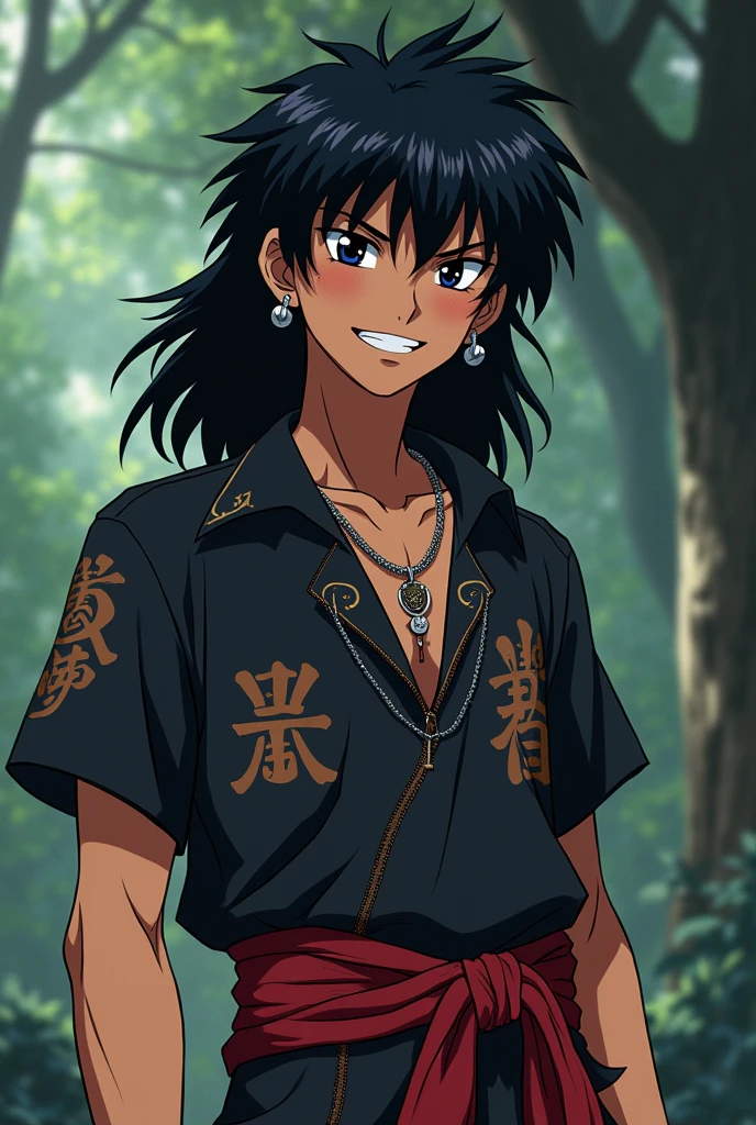 An indigenous boy with shoulder length hair (He has long hair) , black eyes and tall. It's 2D with features from an old anime called Inuayasha.. He is black, wears ear gauges, has a nose and lip piercing., He has a smirk and looks like he's 20 years old..
The line has to be from an old anime.