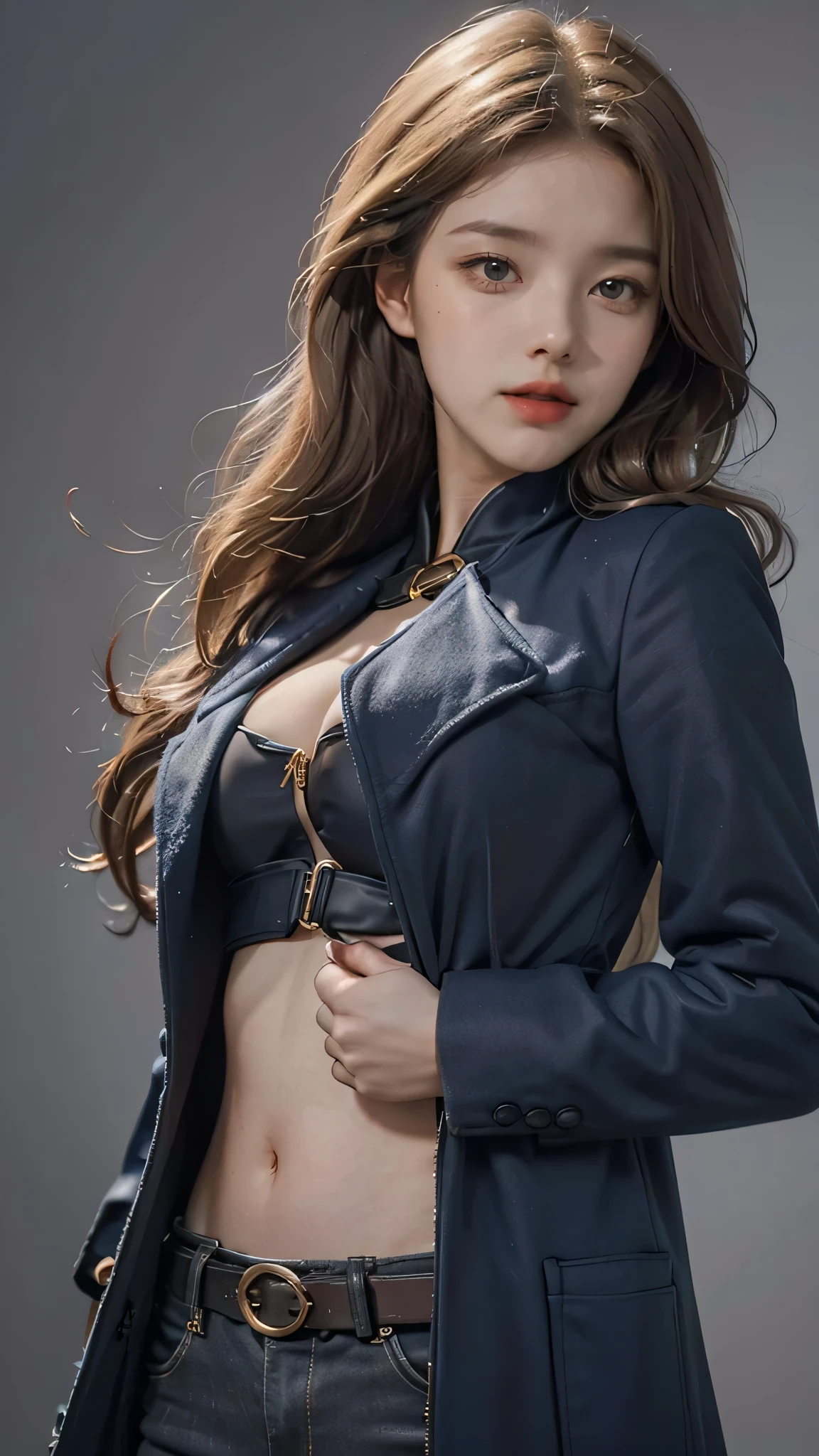 (Top Quality、8K、32 k、巨作、tpa:1.2)、1girls、beautiful Japanese lady、skinny waist、Gray suit、Open jacket、OL、suits、trousers、behind from、Thigh opening、(stick out one's buttocks:1.2)、finerly detailed face、shorth hair、