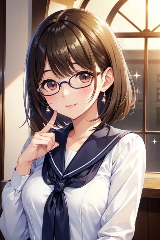 highest quality、High resolution、Detailed Background、(Beautiful face in every detail:1.4)、Anatomically correct、Cute hair colour、Teenage Girl、Glasses、Sailor suit、classroom、(A girl looking back from directly below.4)、(Underboob:1.2)、Cute gestures、A big smile