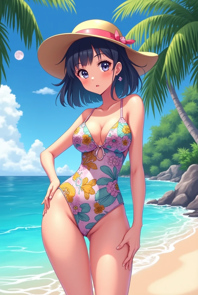 Komi Shouko, ponytail hair, detailed eyes, completely naked, fully naked, shy, hand on hip, (background: patio pool, poolchair, palmtrees)