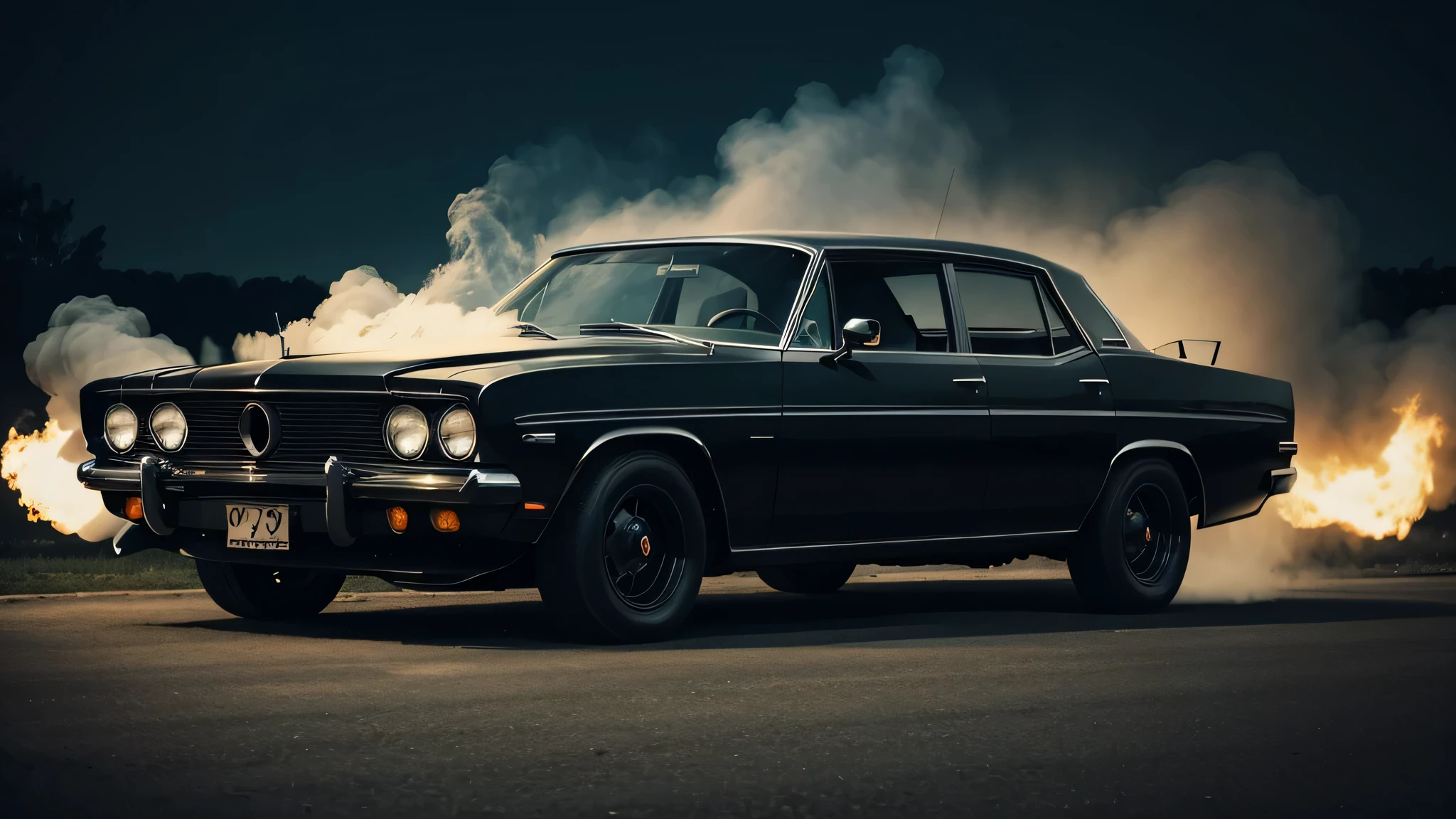 impala 1967 preto no meio da rodovia parado, Apocalyptic background with lots of smoke and fire, Crosses turned upside down