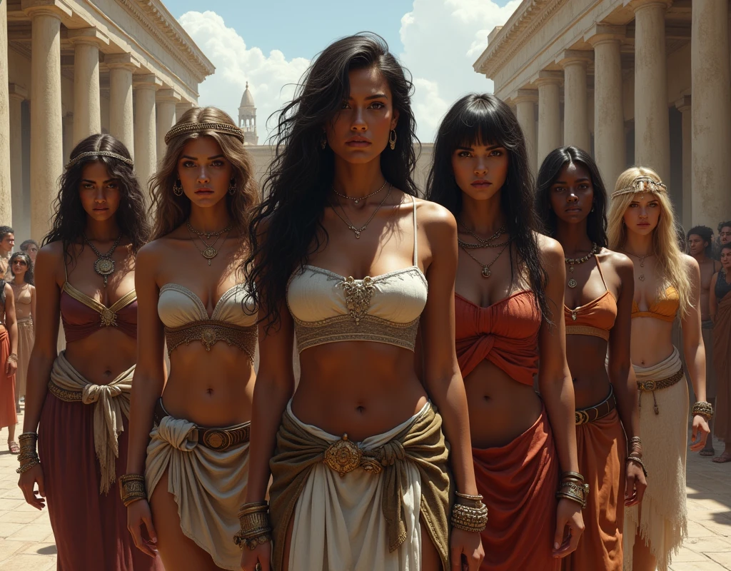 a group of pretty Greek warriors looking from behind, showing their butts in a flirtatious way, smiling , muscular teen girl , small breast , marked abdomen, ,brown skin, ancient Greece, classical Greece, black armor ,slim body, defined abdomen , warrior woman, l ight armor, black hair, breasts, navel, blue eyes, looking at viewer, outdoors, smile, armlet, cleavage, open mouth