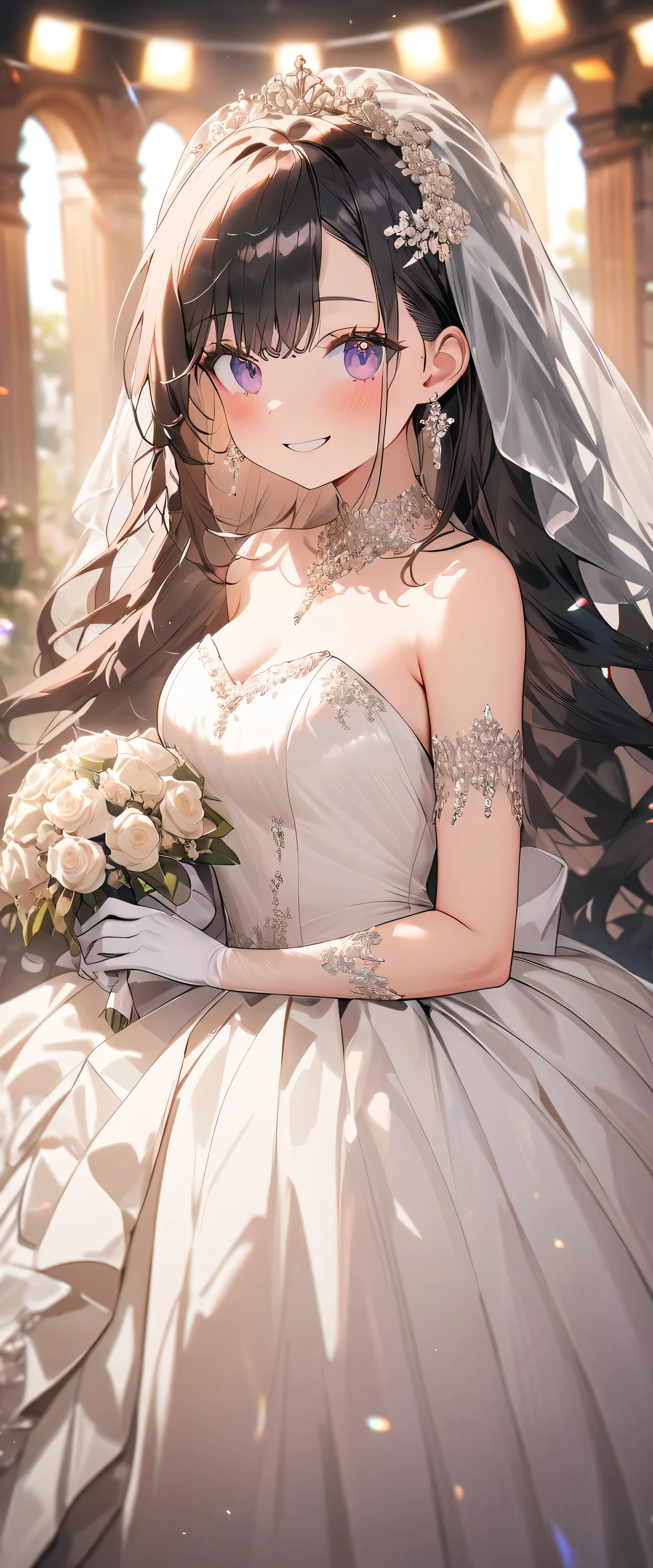 (best quality, masterpiece:1.2), (Practical:1.3),, (ultra-Detailed background, Detailed background), Bokeh,, , Gorgeous ball gown, Luxurious Ball Gown, Wedding dress, Wedding Veil, Bridal Gloves, Bridal Cascading Bouquet,, Upper Body,, Church Wedding,, , 1 Girl, Lovely, teenager, Strike a pose, Smile,, Dynamic Angle, Dynamic poses,, , Very long hair