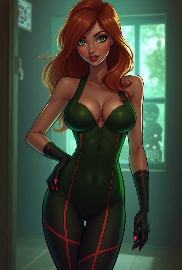 ((Masterpiece)), ((Best Quality)), Ultra High Resolution, HDR, absurderes, 8K, (1 girl), intricate details, ultra-detailed, dramatic lighting, blushing, smile, green eyes, short orange hair, bob hair, (plain dress), in a room, gorgeous girl, large breasts, gorgeous body, glossy skin, vivid colors, full body view, detailed illustration, detail background, shy, feminine, professional artwork, fit thighs, cleavage, close up, 1girl