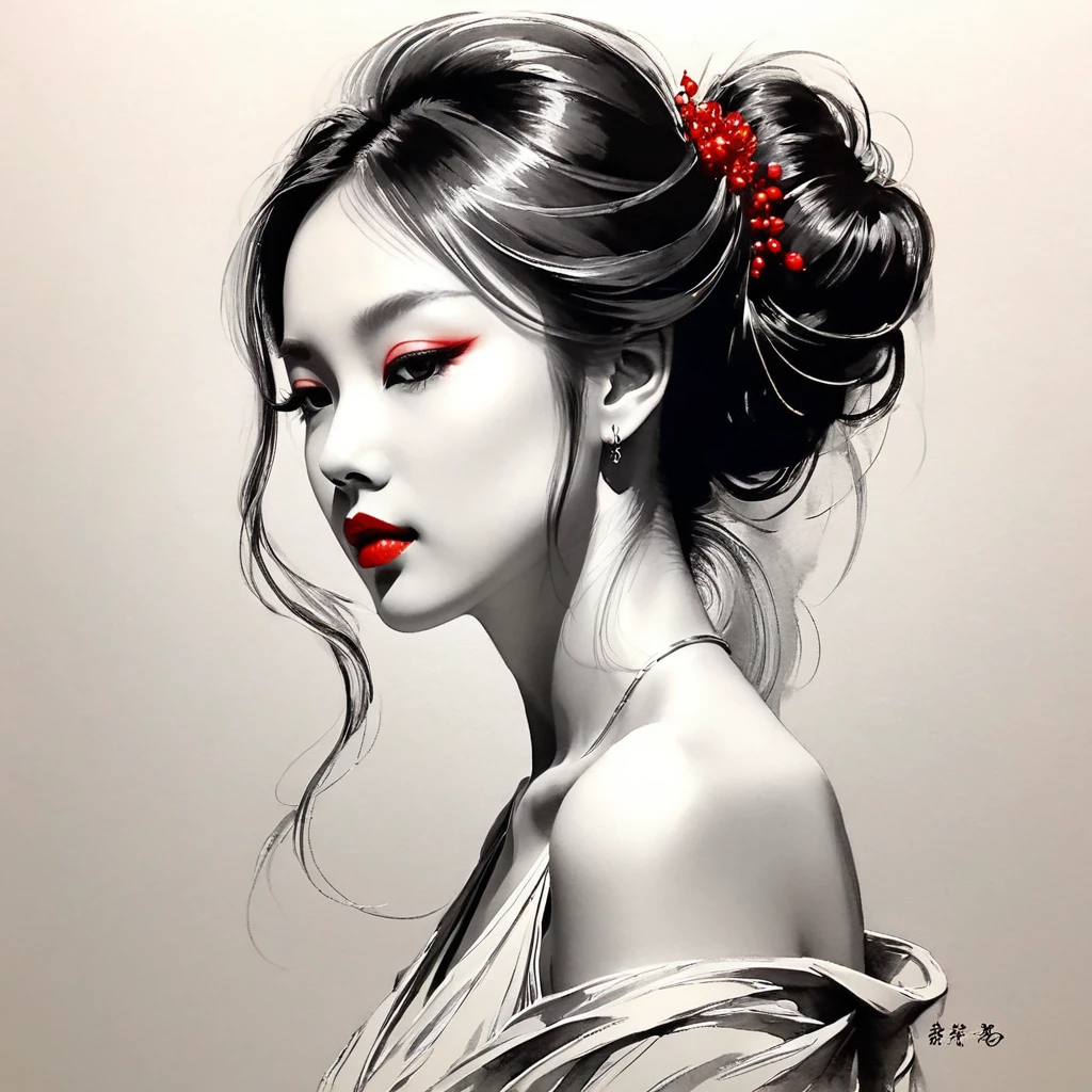 elegant maiden，black andwhite水墨画，pen sketch drawing，loose brushwork，Pen outlines delicate lines，Fluid action，Subtle shades of paint，elegant posture，A peaceful expression，Delicate facial features，black andwhite，to clean, little red.