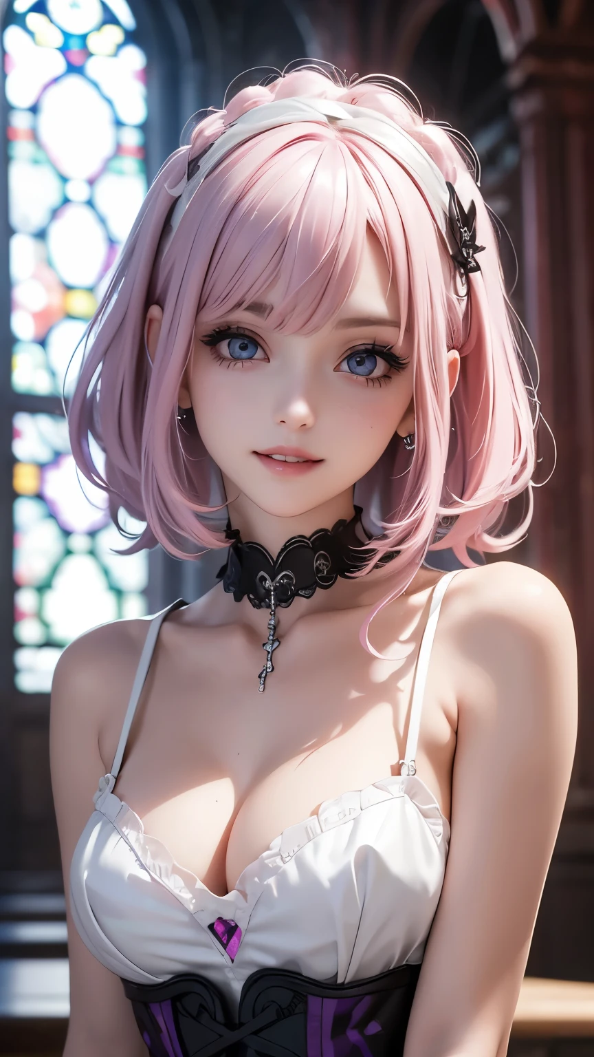 (masterpiece, Highest quality), Intricate details, thin, ((slim)), beautiful girl, Light pink hair, White skin, Light purple eyes, Sharp jawline, church, Gothic ****ta fashion, Choker, Messy Hair, lips, Upper Body, close, Grin, 