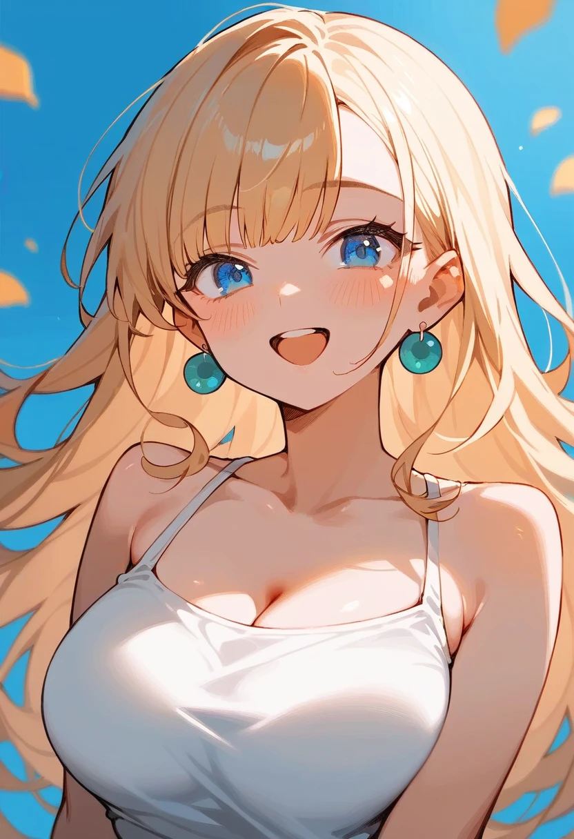 1 girl, Alone, Long hair, breasts, blush, smile, open mouth, fringe, blue eyes, blond hair, big breasts, earrings, shine, animated style, cheered up, 