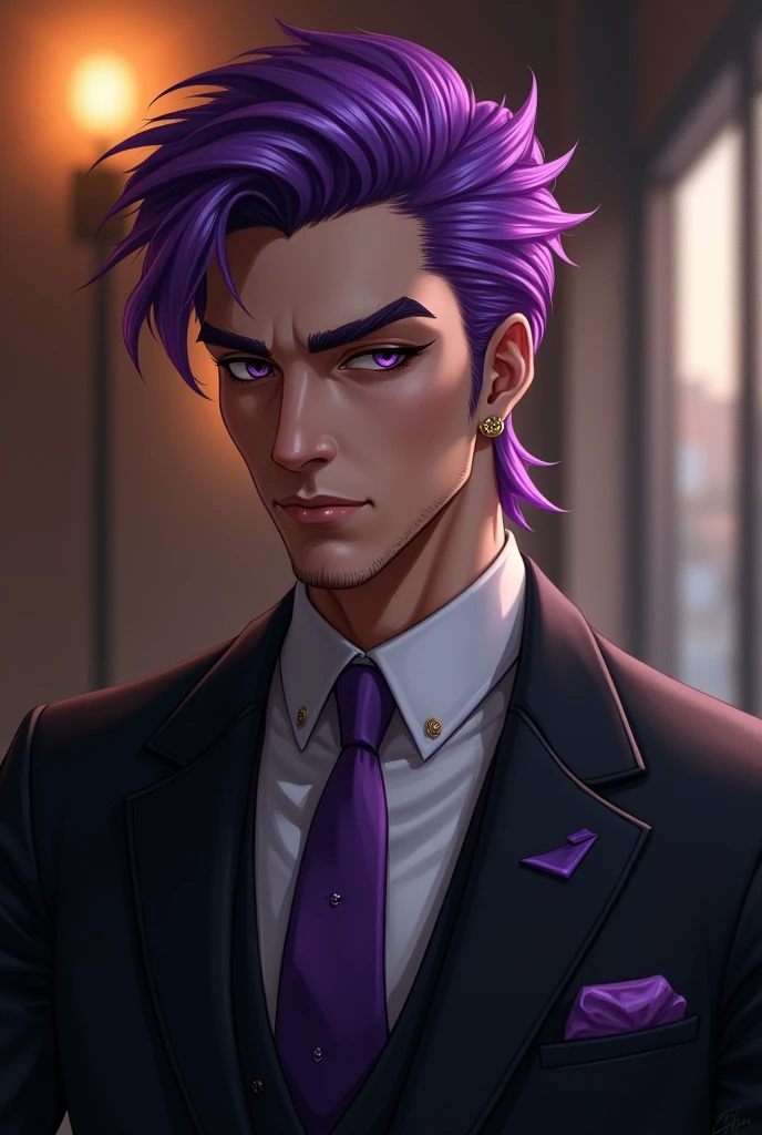 Male animation character, with short purple hair, one green eye and one blue, with a black tuxedo and tie, and have a serious expression in your eyes and face