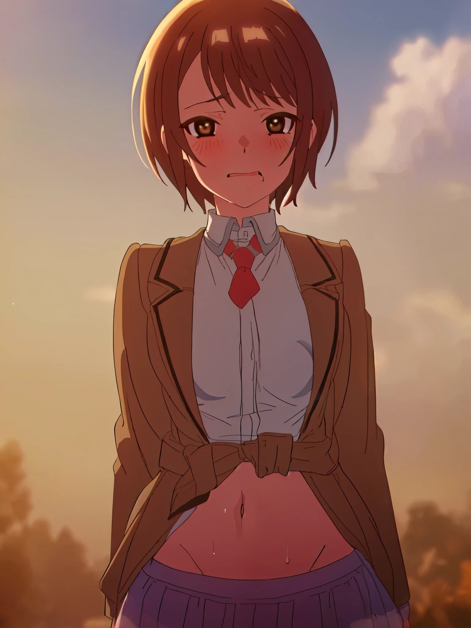 (((masterpiece、Highest quality、High resolution、High precision)、anime))、Brown Hair、Beautiful breasts、(Dynamic pose)、looking at the camera、(Beautiful detailed face、Beautiful big eyes)、((One beautiful woman))、((Embarrassed face))、Red cheeks、(((Blushing with a bitchy expression)))、Brown eyes、Short Hair、Small breasts、Solo portrayal、wear a waist-length brown blazer、Wear a short checked skirt、((A mole under the left lip))、Open clothes、See-through shirt、Open chest、(((High resolutionのフルヌード、High quality hairless pussy、High quality nipples、High resolutionなクリトリス)))、(((Blushing with a bitchy expression)))、（Beautiful nipples、Beautiful pussy）、((Stick out your crotch))、((Rubbing the groin、Wet crotch、Sweating profusely、Open your mouth、Drooling))、((Love juice drips from her open crotch))
