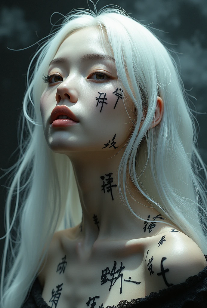 "editorial photography,super detailed background,Super realistic,double exposure,depth of field,beauty cute super slender skinny vides,soft_focus tone,narrative scene,very many kanji_poetry_tattoo arranged vertically,super_long Super_straight hair,brutal_gaze,blunt_bangs,jade_elongated_eyes,pure_white_skin,abs,arm up,NSFW,navel,knees,lean against the dilapidated_graffiti_wall,pubic_hair,