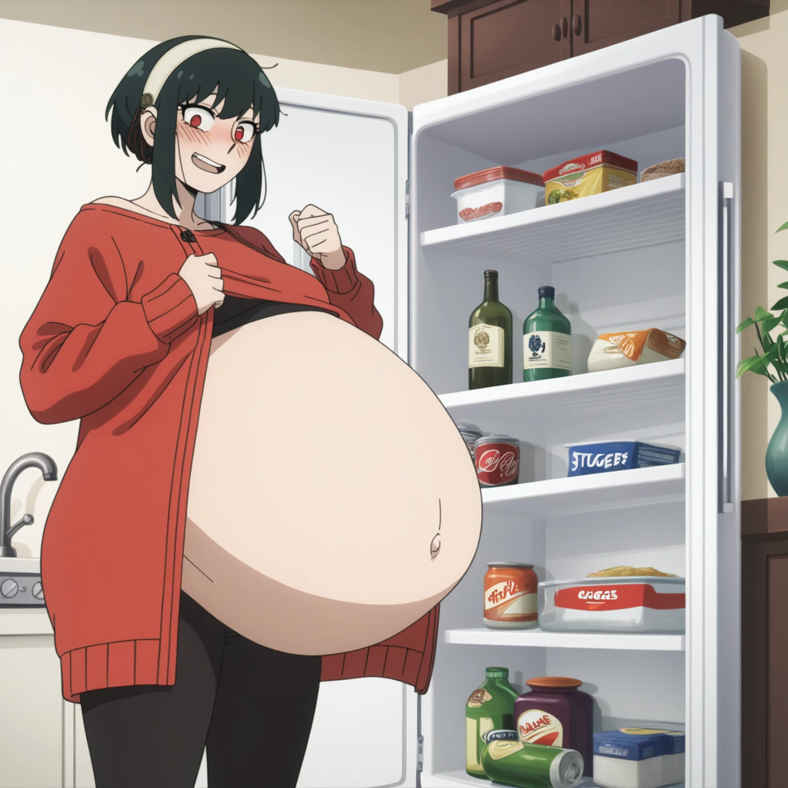 looking at viewer, solo, YorForger,1girl, ((middle breast)), ((belly stuffed)), ((huge belly)), ((very drunk)), ((staggers)), black hair, red eyes, short hair with long locks, white hairband, off shoulder, ((red sweater)), black pantyhose, ((drank too much)), ((exhausted)), ((agitated)), ((in front of a fridge)), ((open fridge)), ((lean on the fridge)),