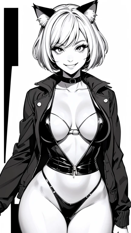 Coloring page for adults. White background, Black lines. short hair, sexy body, bust size twelve, Tight jacket, smile, cat girl , Cat&#39;s ears. ((elegance. gradient. photorealism. unreal engine. split. 2D model. Ultra high quality textures. high detail. permission 8k))