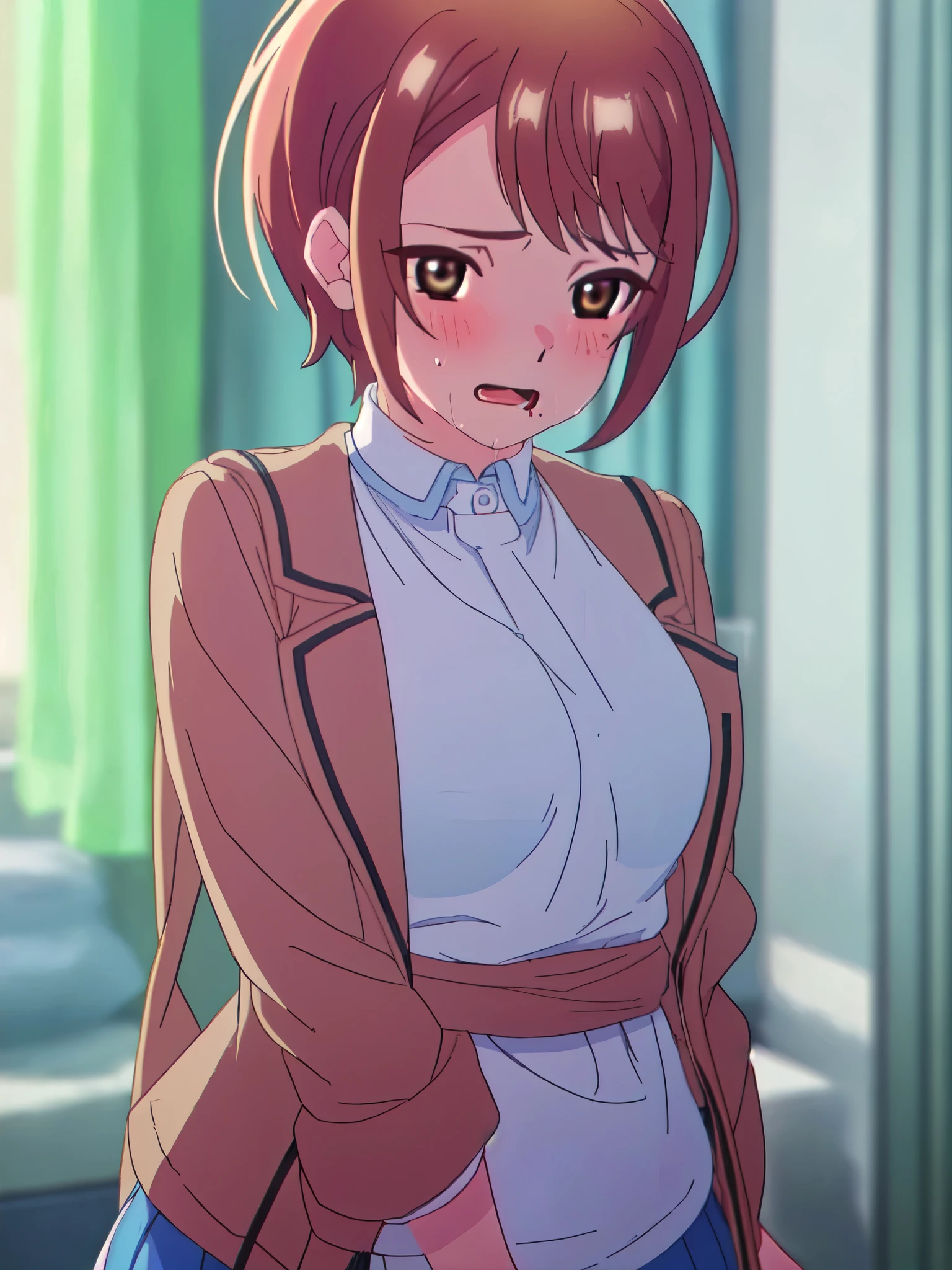 (((masterpiece、Highest quality、High resolution、High precision)、anime))、Brown Hair、Beautiful breasts、(Dynamic pose)、looking at the camera、(Beautiful detailed face、Beautiful big eyes)、((One beautiful woman))、((Embarrassed face))、Red cheeks、(((Blushing with a bitchy expression)))、Brown eyes、Short Hair、Small breasts、Solo portrayal、wear a waist-length brown blazer、Wear a short checked skirt、((A mole under the left lip))、Open clothes、See-through shirt、Open chest、(((High resolutionのフルヌード、High quality hairless pussy、High quality nipples、High resolutionなクリトリス)))、(((Blushing with a bitchy expression)))、(Beautiful nipples、Beautiful pussy)、((Stick out your crotch))、((Rubbing the groin、Wet crotch、Sweating profusely、Open your mouth、Drooling))、((Love juice drips from her open crotch))