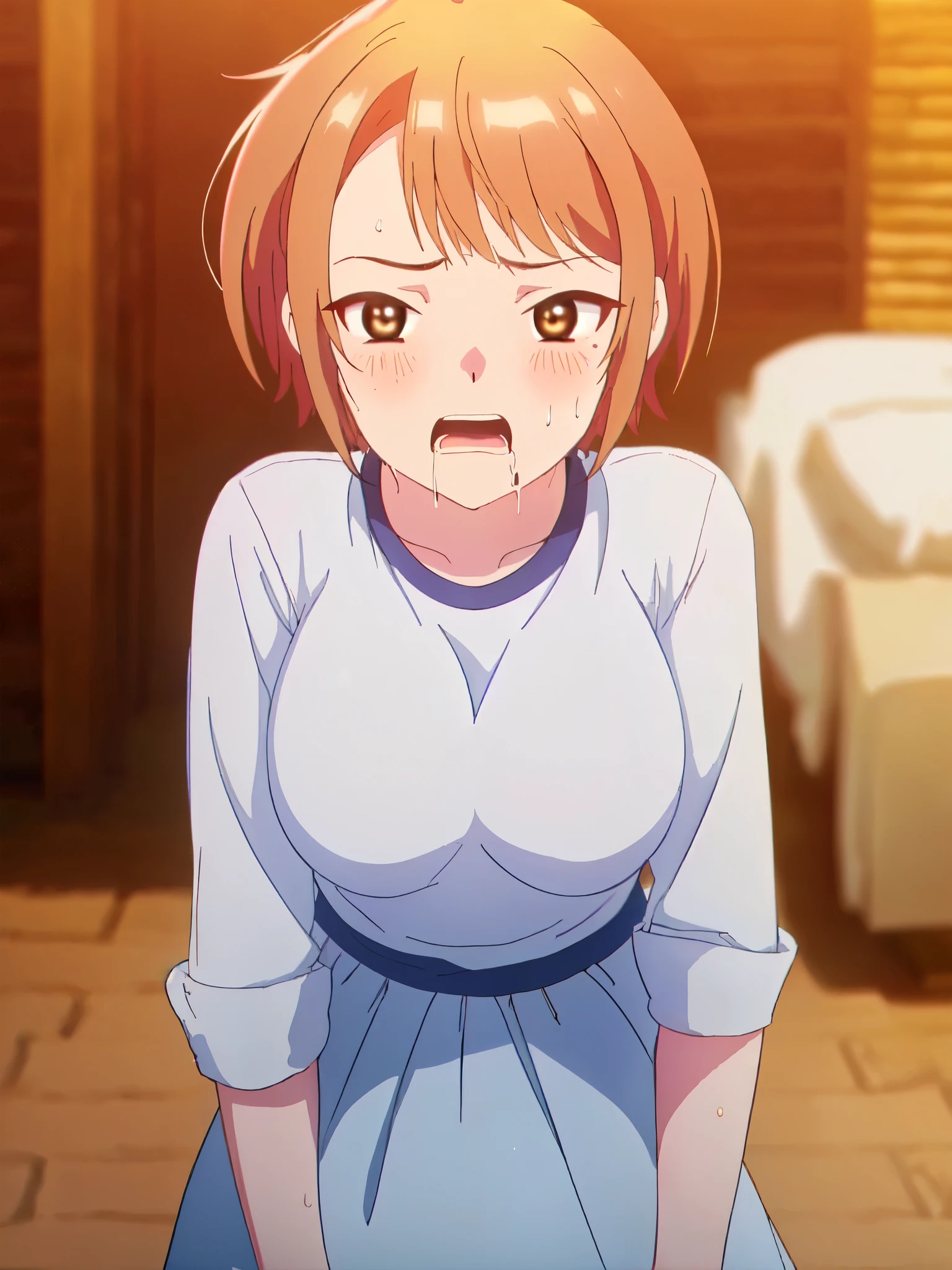 (((masterpiece、Highest quality、High resolution、High precision)、anime))、Brown Hair、Beautiful breasts、(Dynamic pose)、looking at the camera、(Beautiful detailed face、Beautiful big eyes)、((One beautiful woman))、((Embarrassed face))、Red cheeks、(((Blushing with a bitchy expression)))、Brown eyes、Short Hair、Small breasts、Solo portrayal、wear a waist-length brown blazer、Wear a short checked skirt、((A mole under the left lip))、Open clothes、See-through shirt、Open chest、(((High resolutionのフルヌード、High quality hairless pussy、High quality nipples、High resolutionなクリトリス)))、(((Blushing with a bitchy expression)))、(Beautiful nipples、Beautiful pussy)、((Stick out your crotch))、((Rubbing the groin、Wet crotch、Sweating profusely、Open your mouth、Drooling))、((Love juice drips from her open crotch))