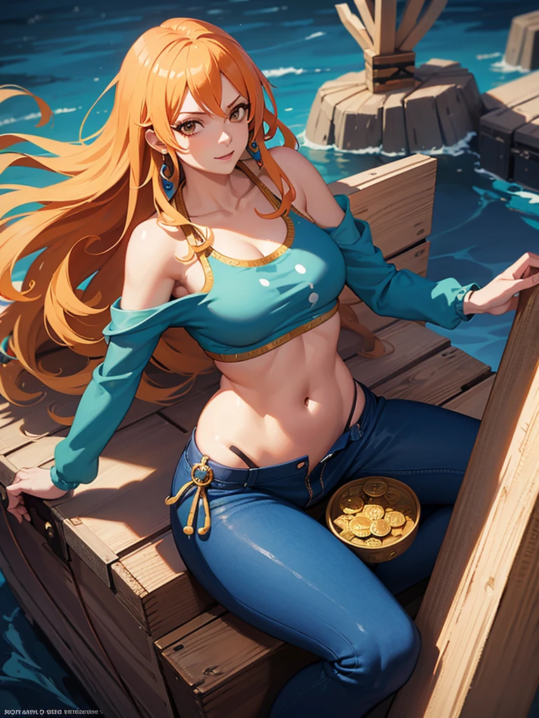extremely beautiful nami (one piece), subtle makeup, golden hour, photorealistic, high contrast, 8k HD, detailed, hyper-detailed, realistic skin texture, orange long hair, bikini top only, blue pants, large breast, best quality, ultra high res, raw photo, dramatic lighting, unreal engine, diffuse glow, outdoor, realistic detailed onep piece pirate ship, treasure chest, gold, gold coins, gold bars.