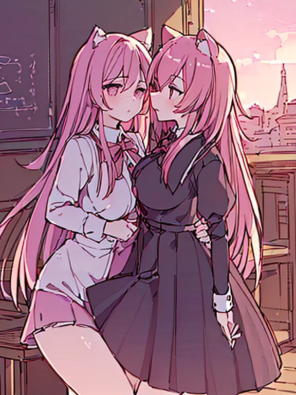 ((2girl),(yuri),(Stare deeply into each other's eyes)),  (masterpiece,best quality,high-resolution,detailed fingers,detailed hands,detailed eyes,detailed legs:1.5), (Anatomically correct number of limbs),  (long hair,short hair,pink and red hair), (big breasts),((clothed),(cat ears)), ((orgasm), (spoken heart)),((classroom),(twilight sky))